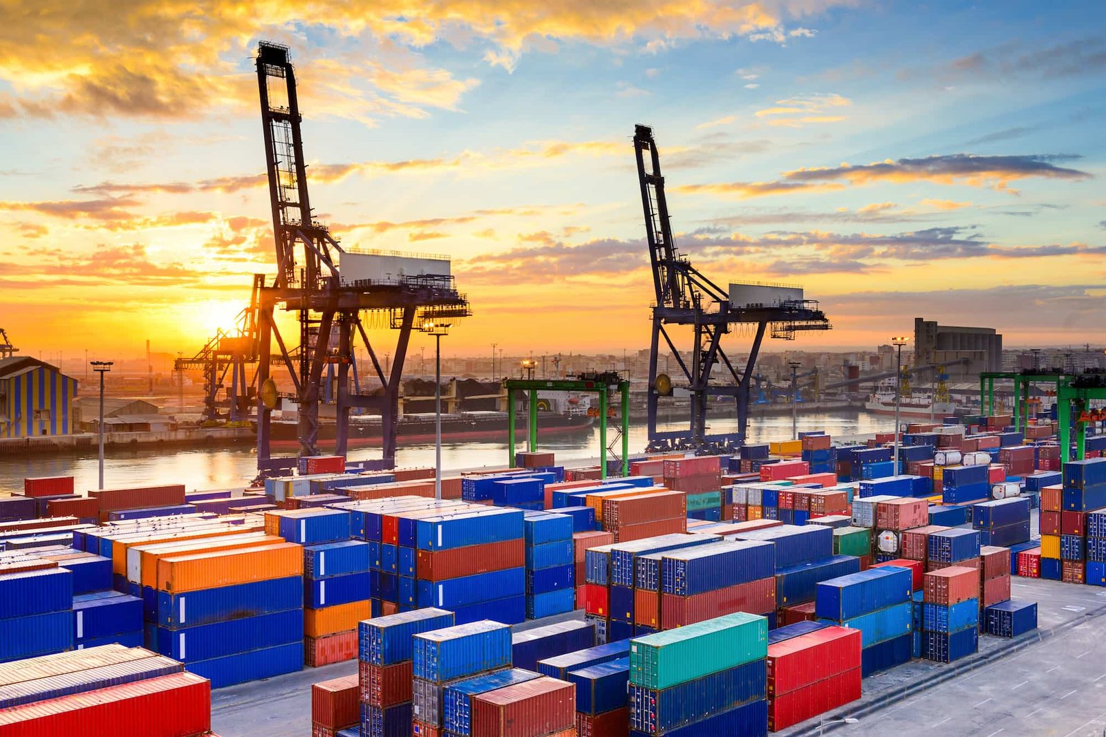 Industrial port at dawn with cargo cranes and containers